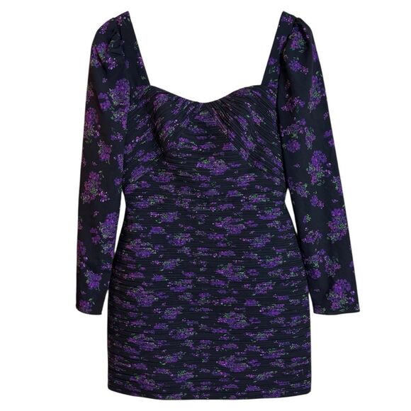 Amur Giulia Pleated Mini Dress Long Sleeve Black Purple Floral Size 6 - Picture 3 of 16